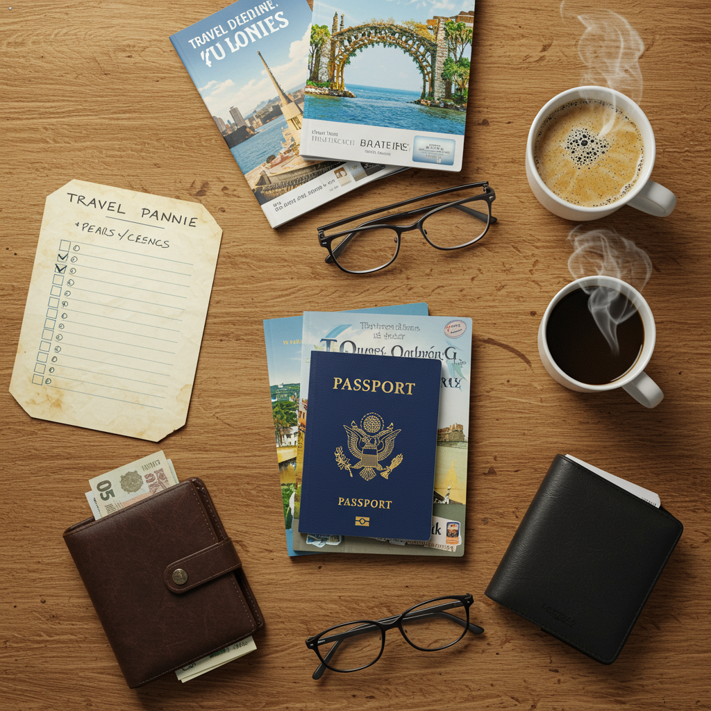 Travel essentials on a wooden table