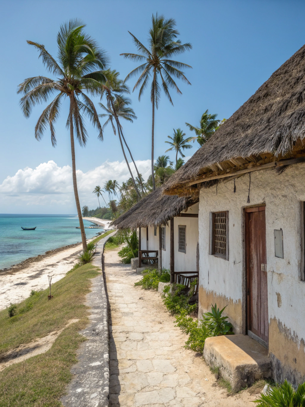 Beautiful sunset view of affordable beachfront accommodation in Zanzibar with traditional dhow boats